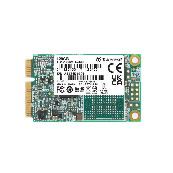 Transcend TS128GMSA460T 128GB, mSATA SSD, SATA3, 3D TLC BiCS5, DRAM-less, PE: 3K, extended temp.