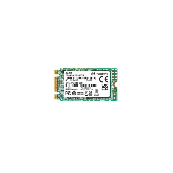 Transcend TS64GMTS560T-I 64GB, M.2 2242 SSD, SATA3 B+M Key, 3D TLC BiCS5, DRAM-less, PE: 3K, wide Temp.