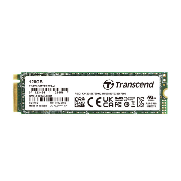 Transcend TS128GMTE672AI-VS1 128GB, M.2 2280, PCIe Gen3x4, NVMe, 3D TLC BiCS5, DRAM-less, PE: 3K, wide temp, TCG OPAL, eDrive