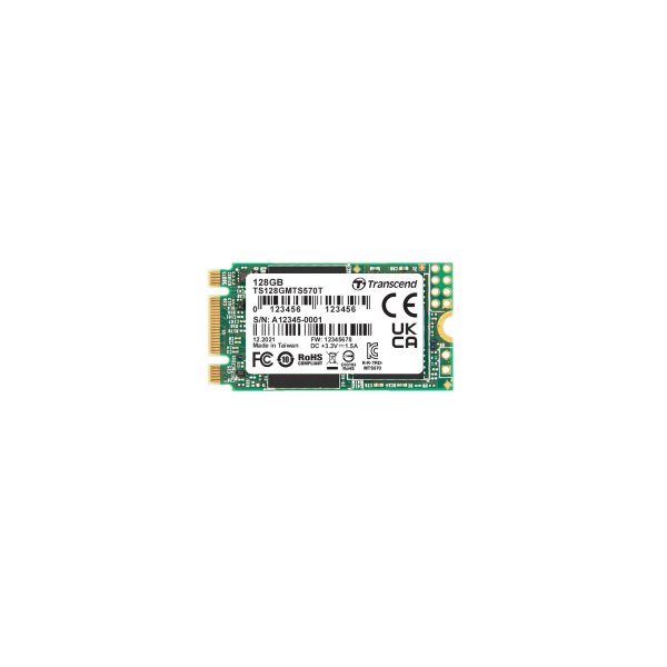 Transcend TS128GMTS570T-VS1 128GB, M.2 2242 SSD, SATA3 B+M Key, 3D TLC BiCS5, PE: 3K, extended temp.