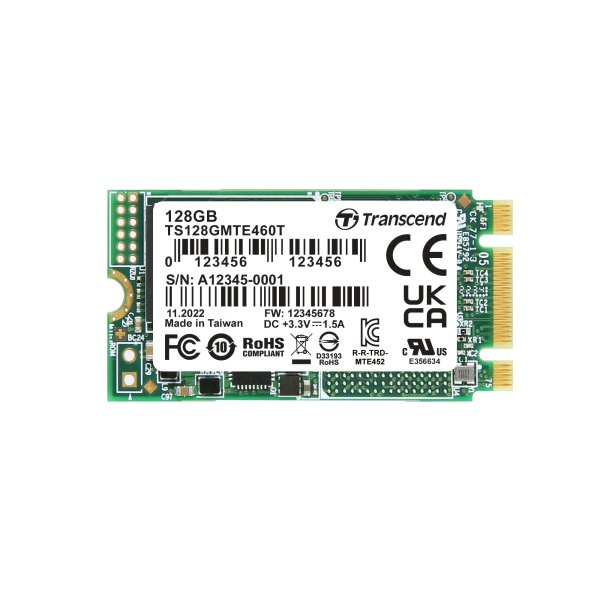 Transcend TS128GMTE460T-VS1 128GB, M.2 2242, PCIe Gen3x2, NVMe, 3D TLC BiCS5, DRAM-less, PE: 3K, extended temp.