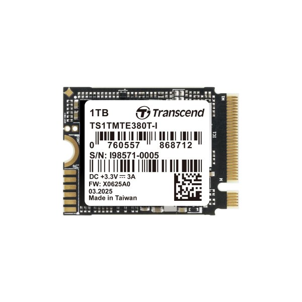 Transcend TS1TMTE380T-I 1TB, M.2 2230, PCIe Gen4x4, NVMe, BiCS5, DRAM-less, PE: 3K, TCG OPAL, Wide temp.