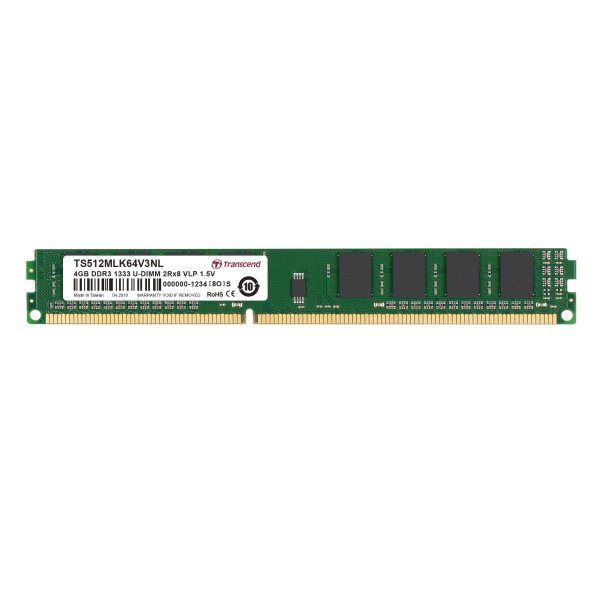 Transcend TS512MLK64V3NL 4GB DDR3 1333 U-DIMM 2Rx8 VLP 256Mx8 CL9 1.5V