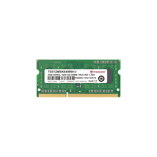 Transcend TS512MSK64W6H-I 4GB DDR3L 1600 SO-DIMM 1Rx8 IND 512Mx8 CL11 1.35V